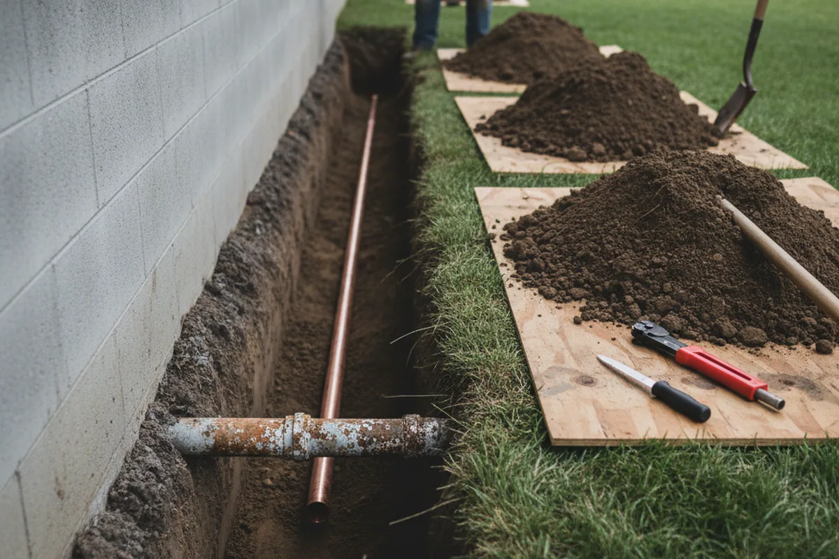Excavated water line trench during Sewer Line Repair in Big Spring